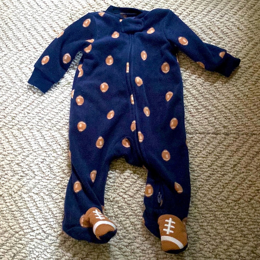 Fleece FOOTBALL Footed onesie, size 3 months
